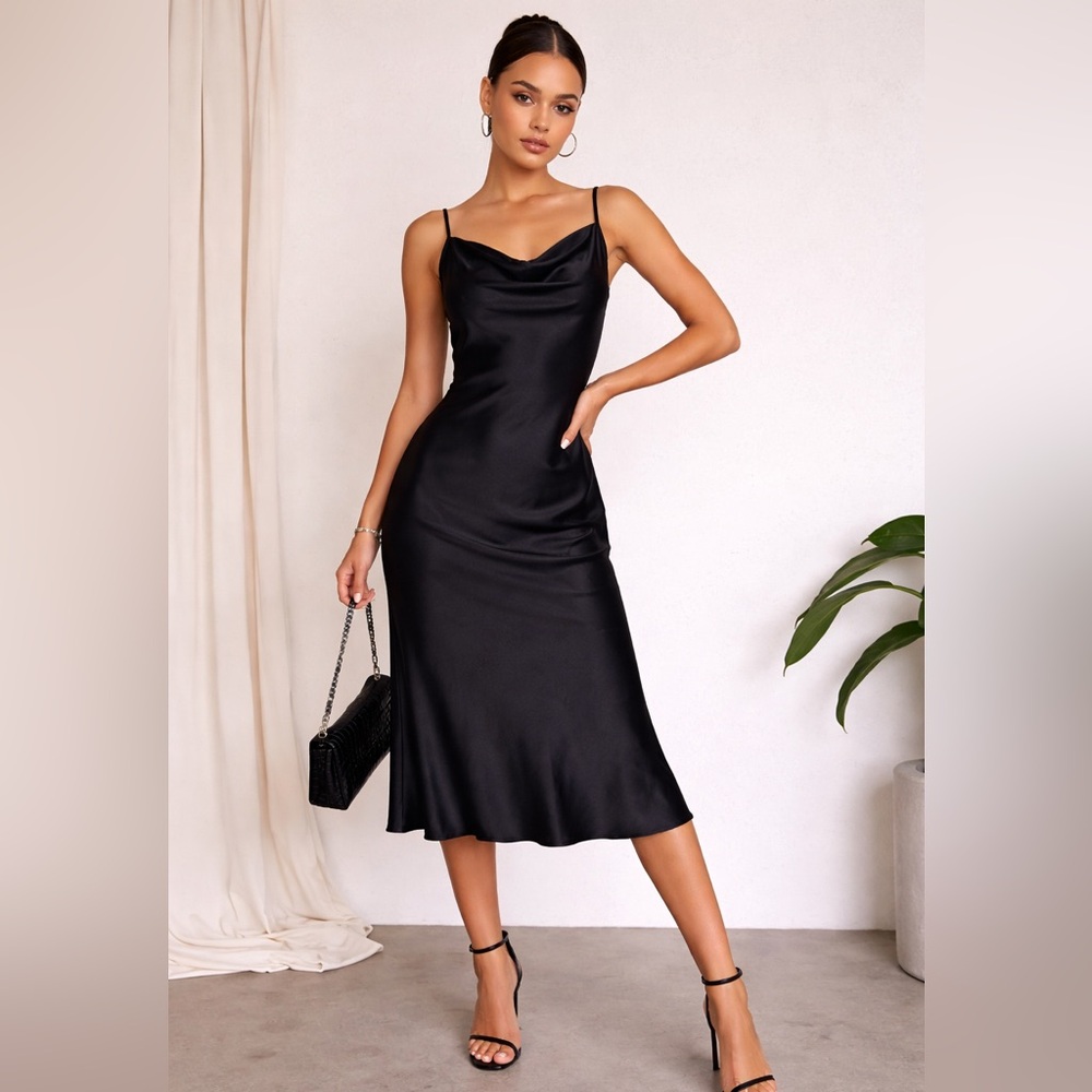 bebe Black Satin Cowl Neck Midi Dress L Y2K Slip Glam Black Tie Wedding Guest
